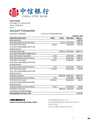 Download China Citic Bank Corp bank statement excel Photoshop template